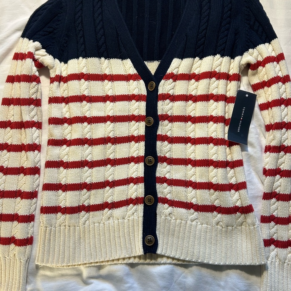 Tommy Hilfiger Navy and Cream Striped Cardigan